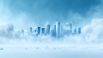 Fototapeta premium a city in the middle of a snowy field, with buildings in the background and clouds in the sky The image is animated, giving it a dynamic feel