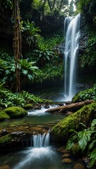 Obraz premium Adventurers exploring a hidden jungle waterfall.