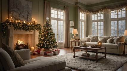 christmas tree with fireplace and gifts, snow outside the window