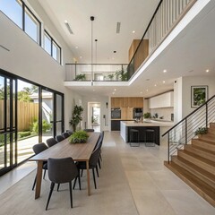 Fototapeta premium Modern two-story home with spacious living and dining areas.