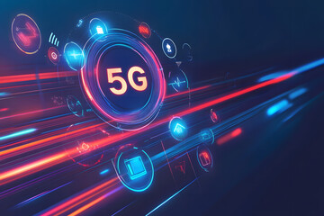 High-speed futuristic 5G network concept with glowing red and blue light trails, icons, and technology symbols representing ultra-fast connectivity and advanced communication systems