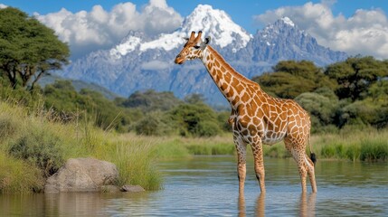 Obraz premium a giraffe standing in the water near a mountain, surrounded by rocks, grass, plants, trees, and snow-capped peaks in the background The sky is filled with clouds,