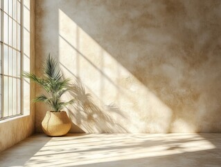 Sunlight streams through a large window in a minimalist room, casting shadows on the tan wall and illuminating a potted plant in a wicker basket.