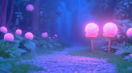 night forest landscape with glowing flowers. For banner, design, presentation, cover,  thumbnail, blog, social media