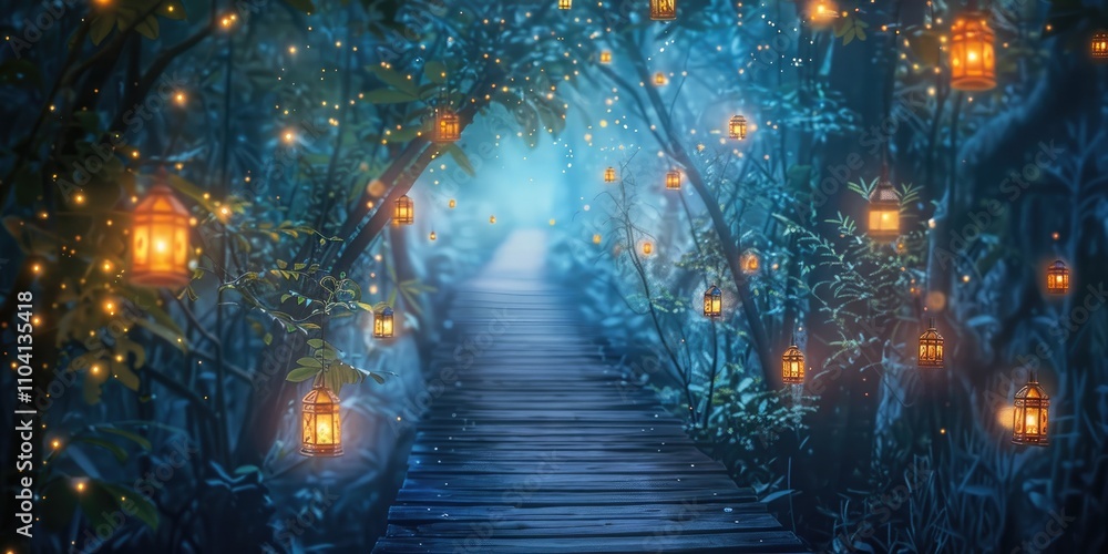 Poster a serene forest path illuminated by glowing lanterns, creating a magical atmosphere.