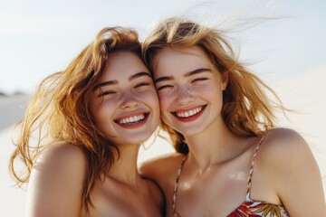 Two women standing together on a sunny beach