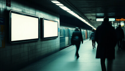 Two posters mockup in landscape orientation in public underground station. Blank frames on wall with train and people in motion.