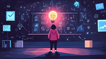The teacher stands in front of the blackboard., with a bright light bulb above, surrounded by digital and technological symbols icons, back view 