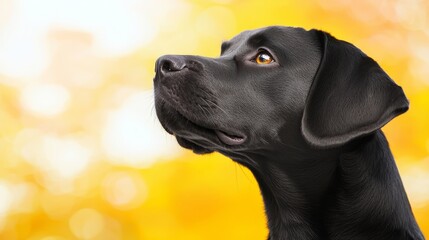 a black labrador retriever looking up at the sky with a blurred background