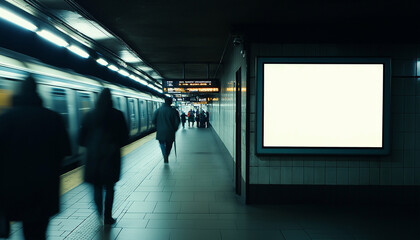 Blank poster mockup in underground station. Square blank poster with train and people in motion.