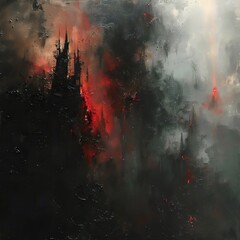 A painting of a dark, ominous cityscape with red buildings