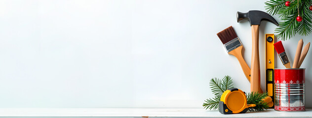 Christmas greeting banner with repair tools. for text, copyspace