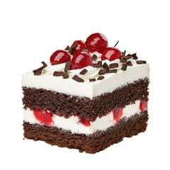 Delicious chocolate cake layered with cream, cherries, and chocolate shavings, perfect for celebrations and sweet cravings. Isolated White Background