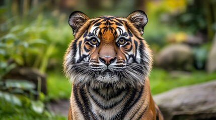 Fototapeta premium A close-up of a tiger showcasing its striking features and vibrant colors in a natural setting.