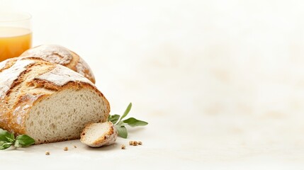  a loaf of bread sitting next to a glass of orange juice on a white surface, with some leaves scattered around it The background is also white, giving the image a c
