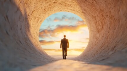 Fototapeta premium a man in a suit walking through a tunnel at sunset The sky is a beautiful mix of oranges, pinks, and purples, and the man is illuminated by the warm light of the s