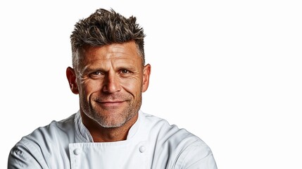 Obraz premium a man in a white chef's uniform with his arms crossed, smiling against a white background