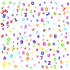 colored numbers from zero to nine arranged haphazardly on a white background, ideal as a concept for mathematics, calculation, and random numeration