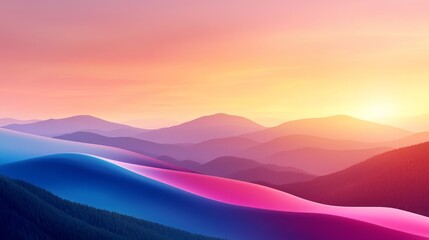 a beautiful sunset over a mountain range with trees in the foreground The sky is a mix of vibrant oranges, pinks, and purples, and the sun is setting in the distan