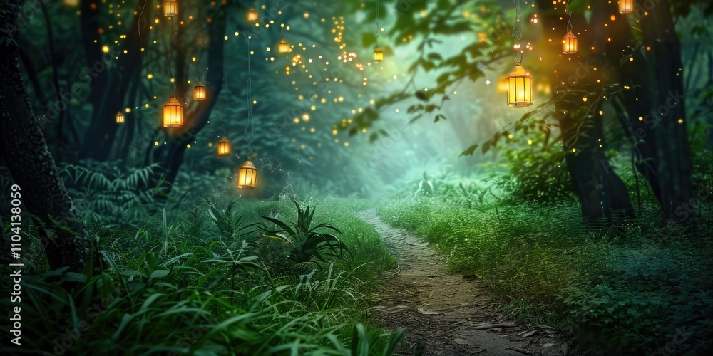Poster a serene forest path illuminated by glowing lanterns, creating a magical atmosphere.