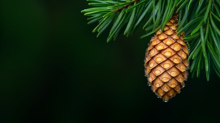  a close up of a pine cone on a tree branch with water droplets glistening on its surface The background is a lush green color, and the pine cone is a deep brown co