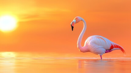 Naklejka premium a pink flamingo standing in the water at sunset, with the sun setting in the background and the sky painted in a beautiful array of oranges, pinks, and purples