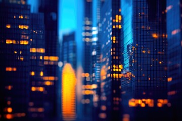 Obraz premium A blurry image of a city at night with bright lights and dark shadows