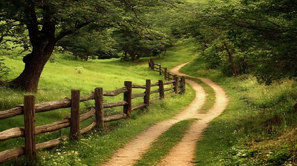 A rustic split-rail fence lining a dirt path through a picturesque countryside