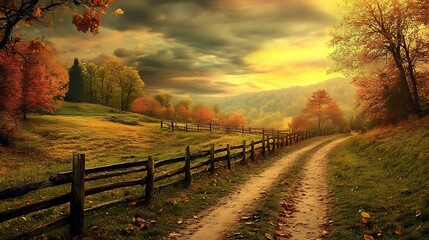 Naklejka premium A rustic split-rail fence lining a dirt path through a picturesque countryside