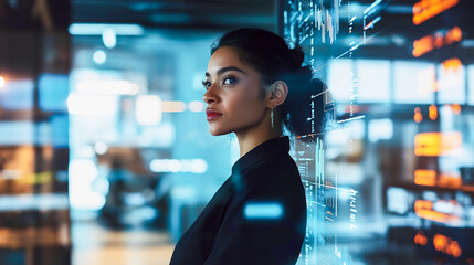 Latinx Businesswoman Behind a Frosted Glass Partition in a Modern Office, Surrounded by Projected Digital Data and Charts, Creating a Tech-Forward Atmosphere