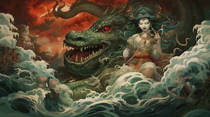 Fototapeta premium Chinese goddess riding a giant green sea dragon amidst crashing ocean waves under a dramatic red sky.