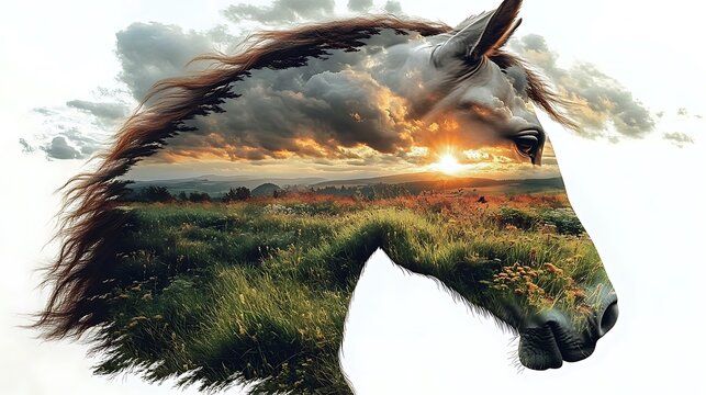 Horse Plains under a dramatic cloudy sky, its horse-head shape defined by rolling grasslands swaying in the wind, golden sunlight breaking through the clouds,