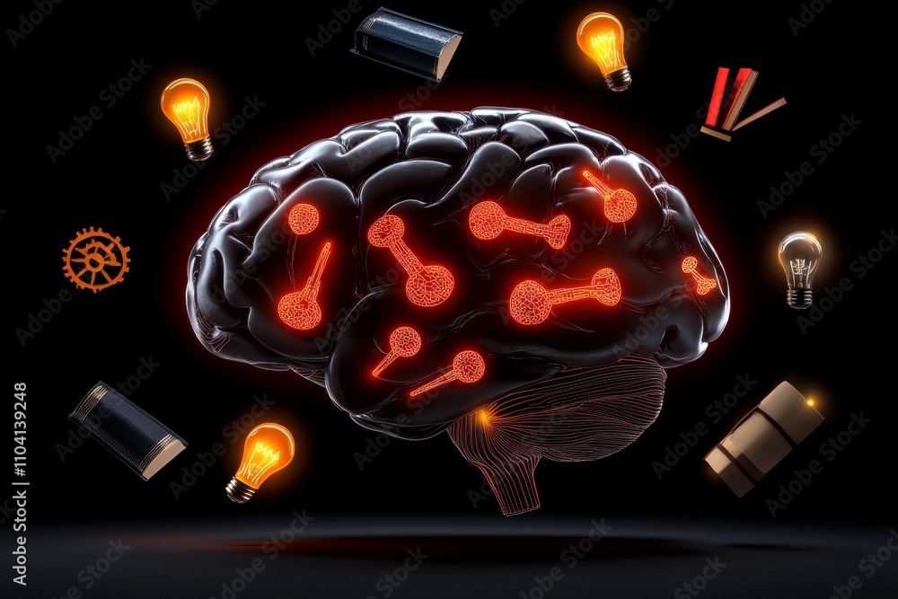 Poster a vibrant pixel art brain with animated neurons firing, surrounded by pixelated icons of books, gear