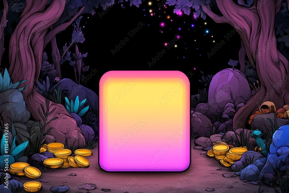 Aufkleber A vibrant pixel art box with animated sparkles around it, set on a colorful pixelated background of treasure and gold coins