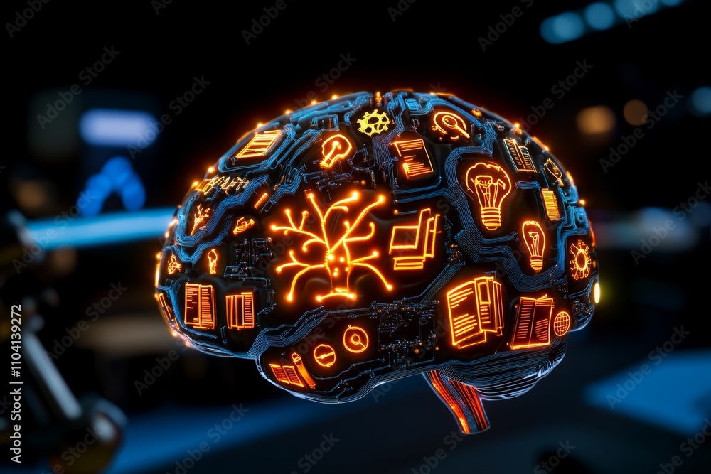 Poster a vibrant pixel art brain with animated neurons firing, surrounded by pixelated icons of books, gear
