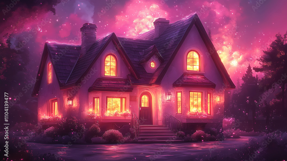 Poster house illuminated by warm lights surrounded by mystical fog at twilight in a serene forest setting. 