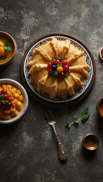 Aerial shot of Arabic kunafe dessert.
