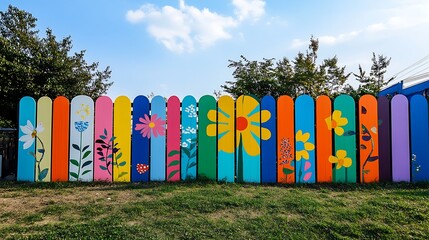 A fence surrounding a playground with colorful panels and cheerful designs