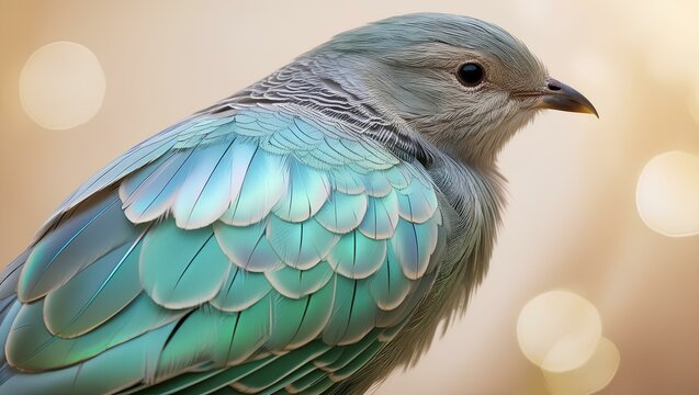 Close-up of bird with blue-green feathers on bokeh background