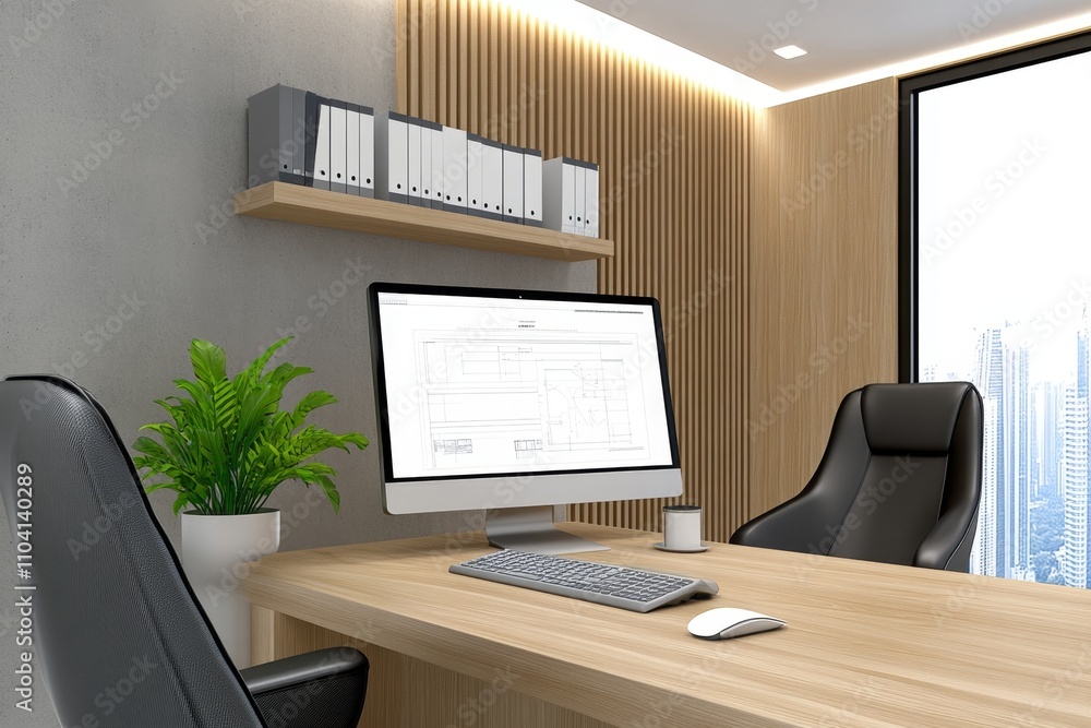 Aufkleber a well-lit modern office with blueprint rolls neatly stacked on shelves and a computer displaying ca