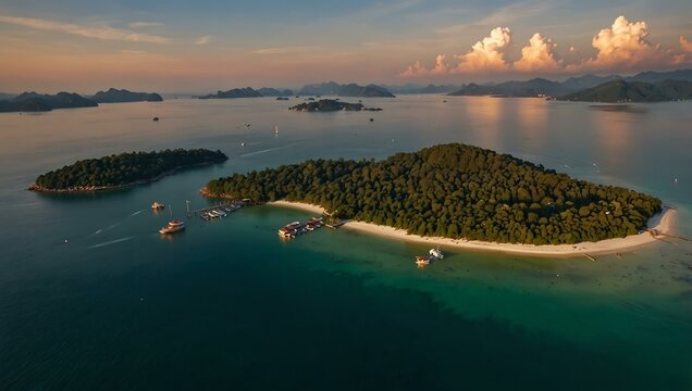 Aerial sunset view of Pulau Pangkor, Malaysia.