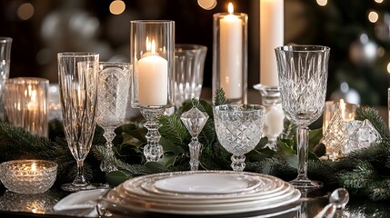 Elegant dining table set with candles and crystal glassware for a festive occasion.