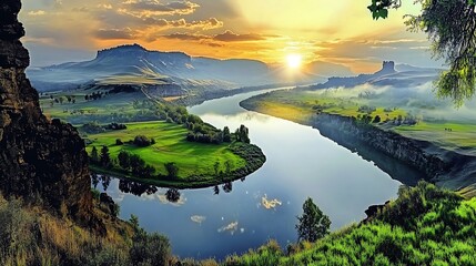 Snake River Bend with its snake-shaped profile framed by golden hour light, sharp bends glowing brightly, the grassy banks forming scale-like textures, and distant hills fading into a soft orange sky,