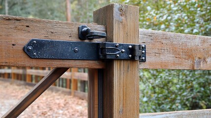 A close-up of a rustic gate within a wooden fence, featuring a latch and metal hinges