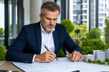 An architect analyzing a large blueprint in an industrial office, with models of buildings visible in the background