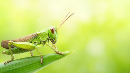 Fototapeta premium a green grasshopper sitting on top of a green leaf, with a blurred background The resolution of the image is 1920x1080, making it suitable for use as a desktop wal