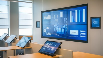 A photo of a modern office space with innovative display solutions. There is a large touch screen display wall with multiple screens Ai Generated