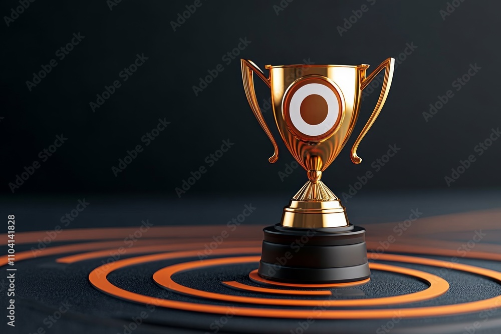 Poster Business accomplishment visualization with a golden trophy and target icon, surrounded by dynamic tech-inspired lines and a modern digital backdrop