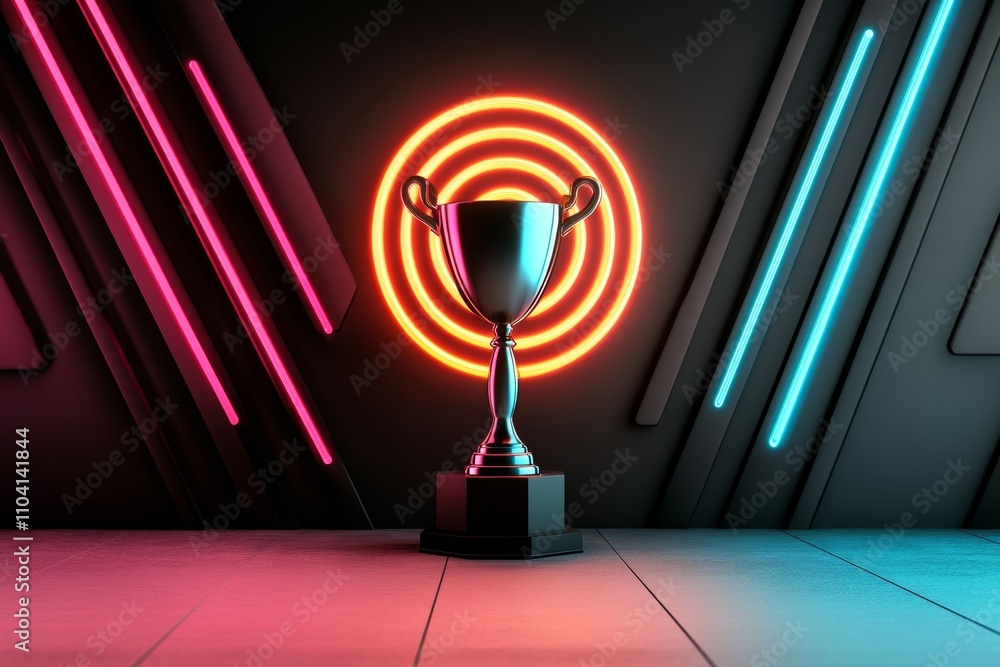 Poster business success theme featuring a trophy and bullseye target illuminated by neon lights, set in a f