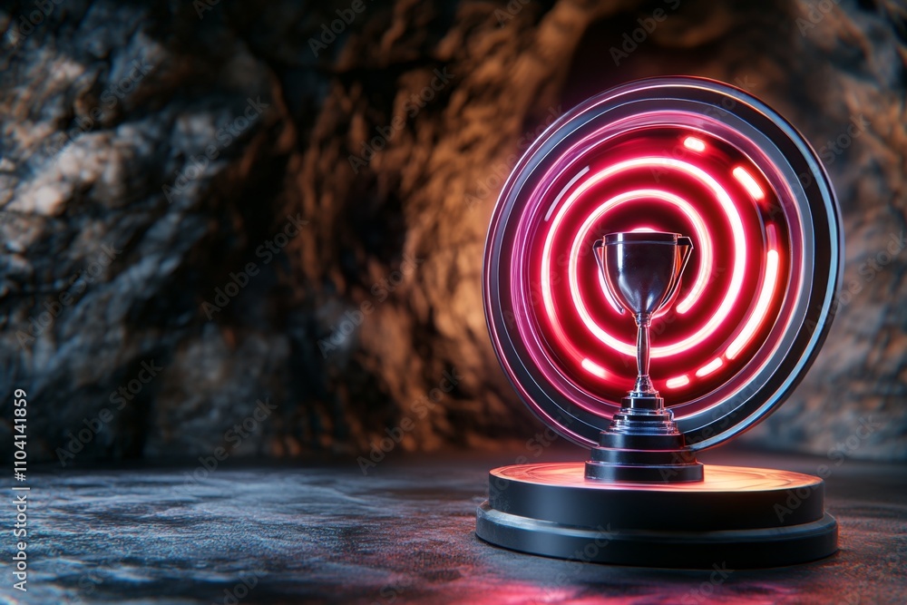 Poster business success theme featuring a trophy and bullseye target illuminated by neon lights, set in a f